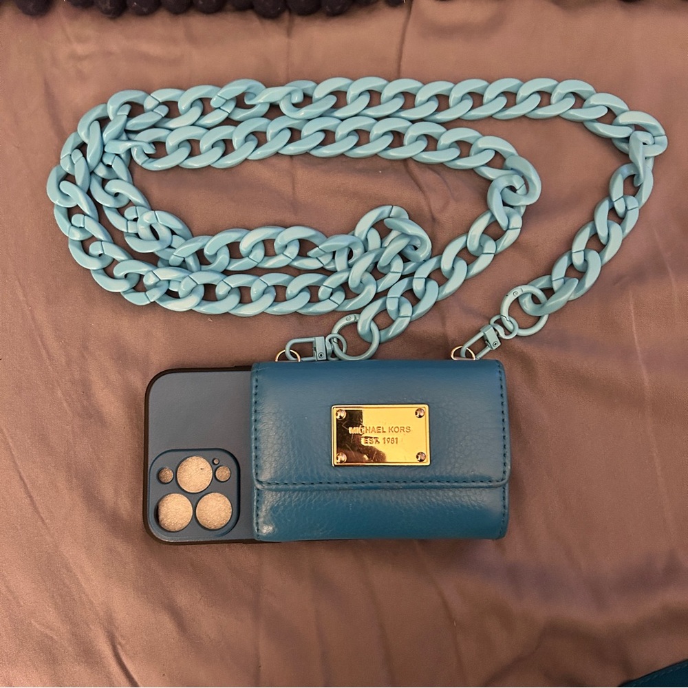 Michael Kors Turquoise blue wallet phone case with crossbody strap